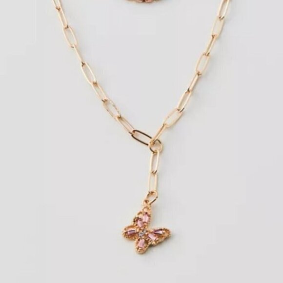 NWT Urban Outfitters Rhinestone Butterfly Gold Layered Y2K Necklace - Picture 3 of 7
